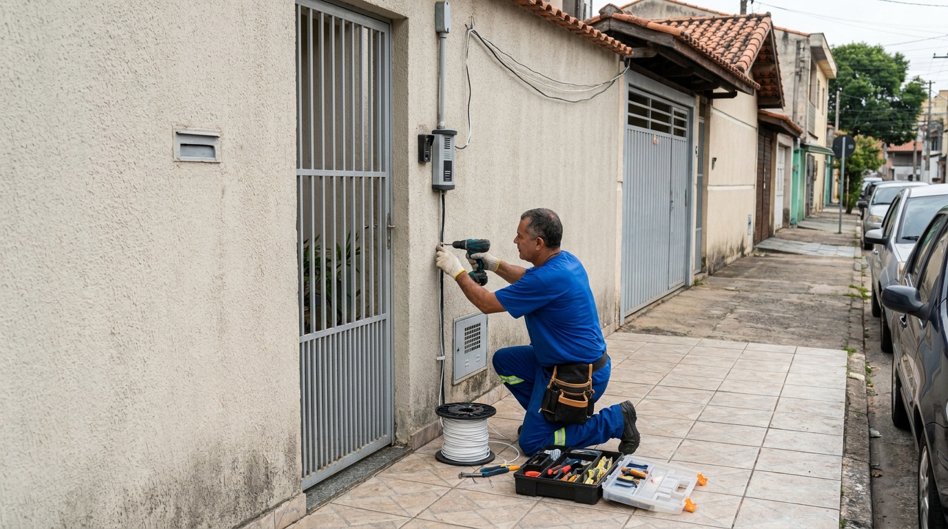 Eletricista instalando interfone de portão em Marília‑SP