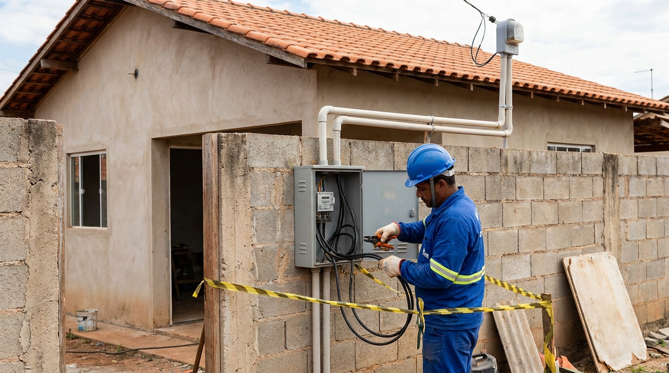 Eletricista instalando padrão de energia em Marília‑SP
