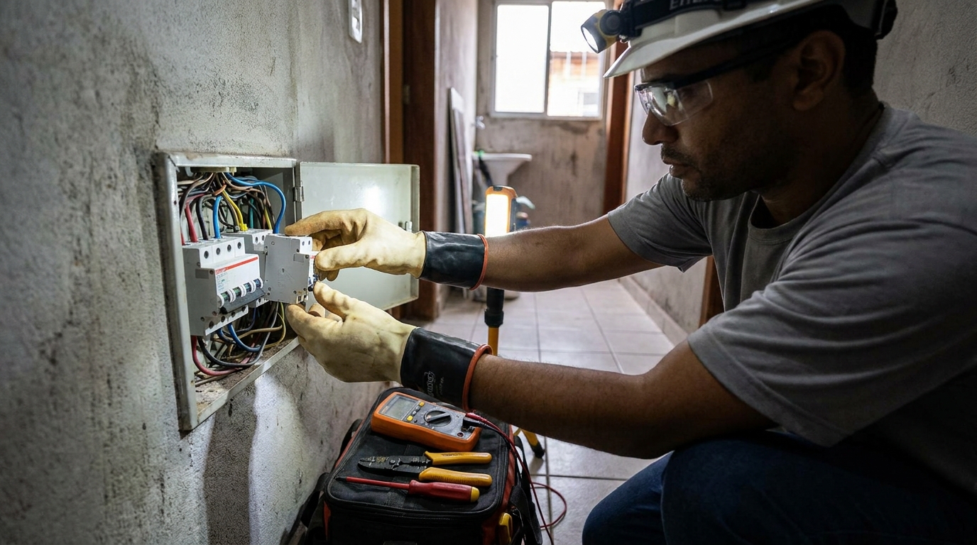 Eletricista comercial instalando disjuntor em Marília‑SP